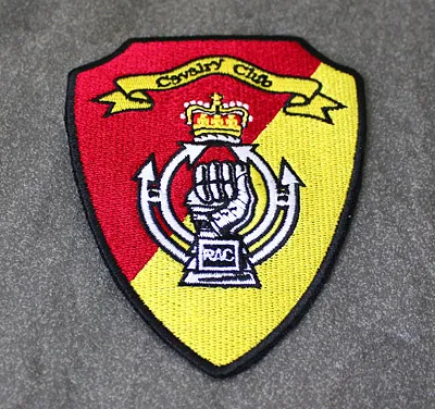 Royal Armoured Corps Cavalry Club shield embroidered badge in red and yellow