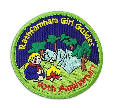 Rathfarnham Girl Guides 90th anniversary camping scene embroidered badge