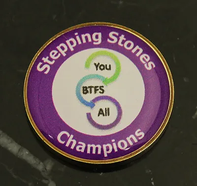 Stepping Stones Champions round printed pin badge in purple