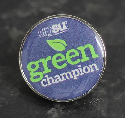 UPSU Green Champion round printed pin badge in nickel